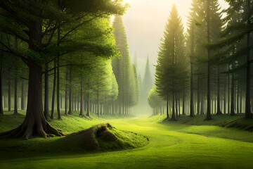 Misty morning in the forest with beautiful trees. generative ai