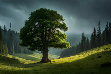 Landscape with trees and clouds in the midnight. generative ai