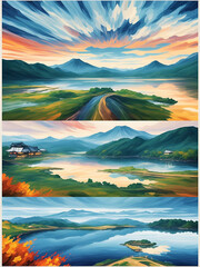 Highland lake landscape. AI generated illustration