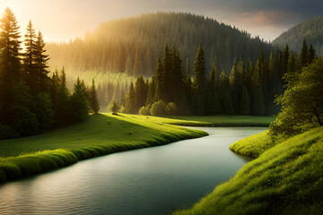 Sunrise over the lake. generative ai
