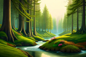 River between the trees wallpaper. generative ai
