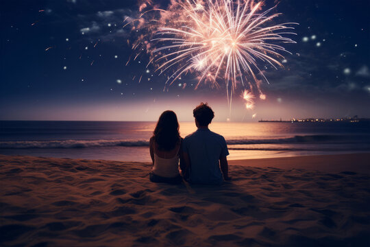 teen couple in love watching fireworks on the 4th of July. -  American holiday - Independence Day - New Years