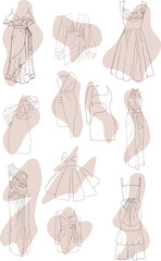 Stylized set of dresses. Delicate clothes stickers with pink color