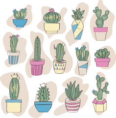 Icon set of indoor cacti in different vases and flowerpots with green, pink, blue and yellow color for covers, posters, icons, designations, illustrations
