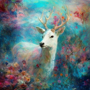 An oil painting white deer in a field of flowers Generative Ai