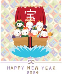 白いドラゴン　七福神　2024年年賀状　和ポップ