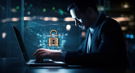 Cyber security and data protection, businessman using laptop internet cyber security, protecting business and financial transaction data from cyber attack, user private data security encryption