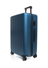 Large polycarbonate suitcase isolated on white background. Travel suitcase isolated on white background.