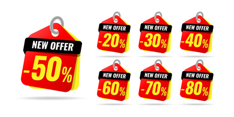 New offer label pop-up banner yellow stickers with different sale percentage. 20, 30, 40, 50, 60, 70, 80 percent off price reduction badge promotion design emblem set vector illustration.