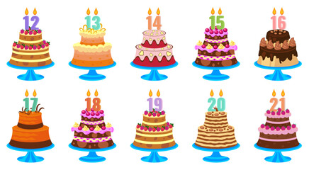 Birthday cakes in cartoon style with candles numbers