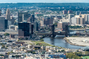Aerial view of the skyline of Newark, New Jersey, USA and the surrounding areas