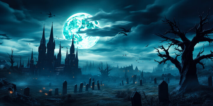 Midnight Shadows: Spooky Castle and Graveyard in the Moonlight. Holiday event halloween banner background concept