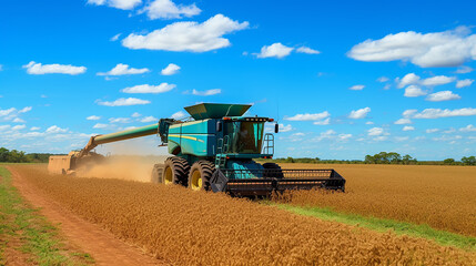 Obraz premium Colheitadeira colhendo soja com céu azul 
