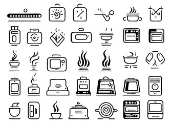 Cooking icon set. It included bake, heat, boil, frying, steam and more icons. Editable Stroke.