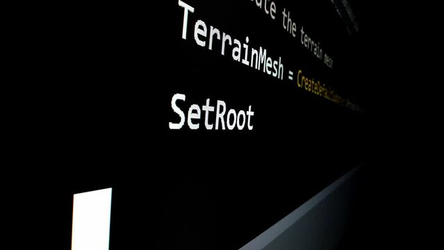 Closeup macro shot movement of coding script moving across LED screen with real-time AI-generated typing, showcasing advanced AI learning in optimization, debug and coding for software development.