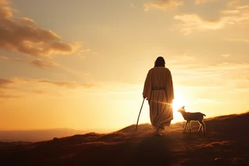 Fotobehang Jesus Christ Walking with Lamb at Sunset, The Gospel of John, I am the good shepherd © Bo Dean