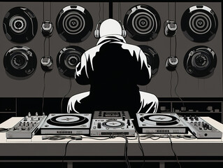 DJ working the turntable, Music, Op Art, Noir, illustration