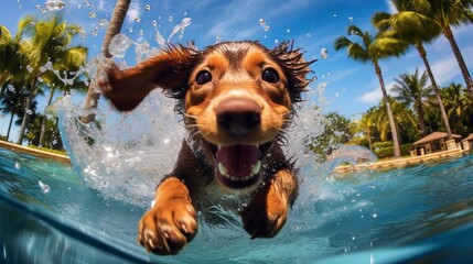 Cute dog in water at public pool - obrazy, fototapety, plakaty