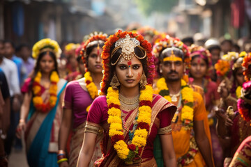Fototapeta na wymiar A colorful procession during a religious festival, Indian culture, Indian Generative AI