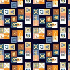 Seamless pattern with colorful abstract figures and signs on a dark blue background. Vector illustration