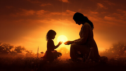 Fototapeta na wymiar mãe e filha juntas fazendo oração em lindo por do sol, amor e fé na família cristã