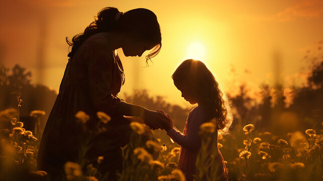mãe e filha juntas fazendo oração em lindo por do sol, amor e fé na família cristã