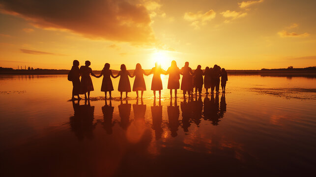 grupo de pessoas juntas em oração em lindo por do sol, fé cristã