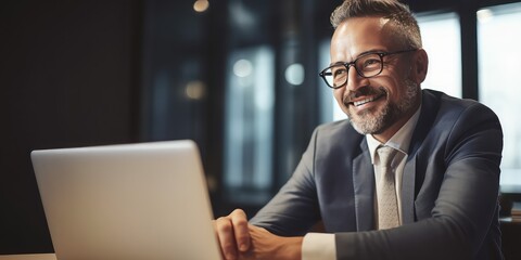 Smiling happy middle-aged BIPOC businessman executive CEO in a business suit using a computer to work with a client in an office setting -room for copy text, generative AI 
