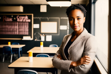 Digital portrait of an african american school principal in elementary school. Back to School concept. Generative AI