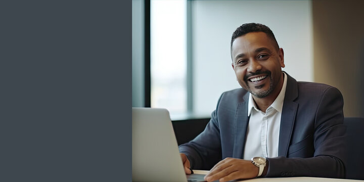 Smiling happy middle-aged BIPOC businessman executive CEO in a business suit using a computer to work with a client in an office setting -room for copy text, generative AI 