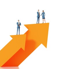Obraz premium Business people handshake. Successful team stay on top of big arrows, showing achievement, growth, professional success. 3D rendering illustration 