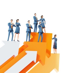 Business people handshake. Successful team stay on top of big arrows, showing achievement, growth, professional success. 3D rendering illustration 