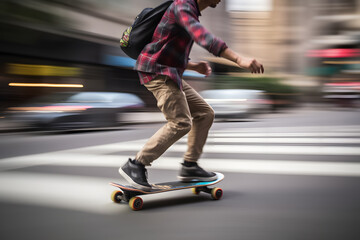 Fototapeta na wymiar Artistic motion blur shot of a skateboarder gliding through an urban landscape, capturing the dynamic motion and street culture. Generative AI