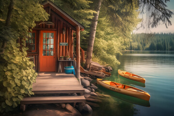 Picturesque lakeside cabin surrounded by nature, with a wooden dock and kayaks, inviting viewers to imagine a peaceful and rejuvenating summer retreat. Generative AI