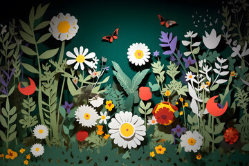 Playful paper cut scene of a garden buzzing with pollinators and blooming flowers, promoting the significance of supporting local ecosystems. Generative AI - obrazy, fototapety, plakaty