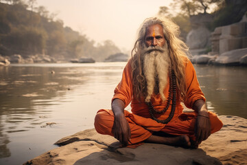 A Sadhu (holy person) meditating by the river Ganges, Indian culture, Indian Generative AI - obrazy, fototapety, plakaty