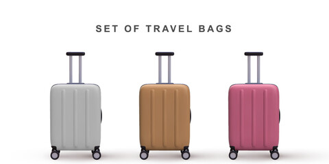 3D realistic set travel trolley bags. Vector illustration.