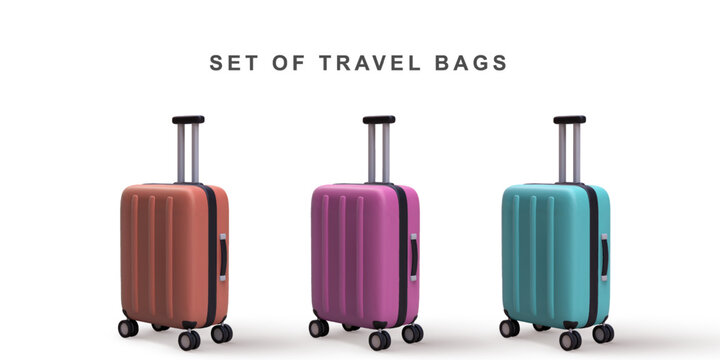 3D set travel trolley bags on white background. Vector illustration.