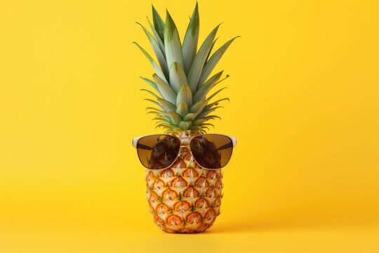 pineapple with sunglasses ontop on yellow background, summer fruit, pineapples