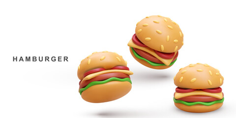 3d realistic three Hamburger on white background. Vector illustration.