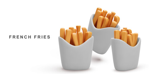 3d three French fries on white background. Vector illustration.