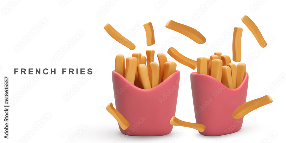 Wall mural 3d two French fries on white background. Vector illustration.