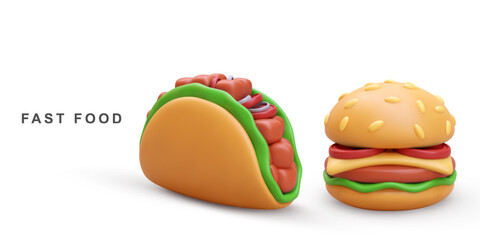 3d realistic Hamburger and Taco. Vector illustration.