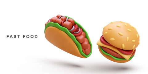 3d realistic Hamburger and Taco on white background. Vector illustration.