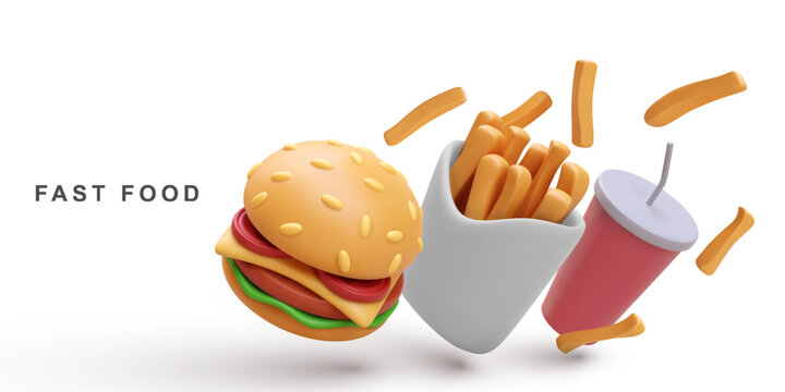 3d realistic burger and soda, fries potatoes. Vector illustration.
