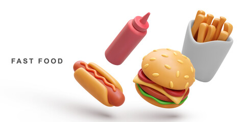 3d realistic Hamburger, Hot Dog, ketchup and fries potatoes on white background. Vector illustration.