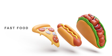 3d realistic Hot Dog, Taco and Pizza on white background. Vector illustration.