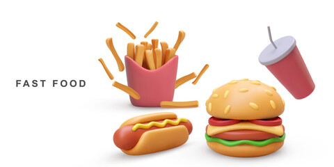 3d realistic Hamburger, Hot Dog, soda and fries potatoes on white background. Vector illustration.