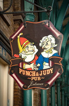 LONDON, UK - FEBRUARY 21, 2010:  Colourful sign for Punch and Judy Pub at at Covent Garden Market  
