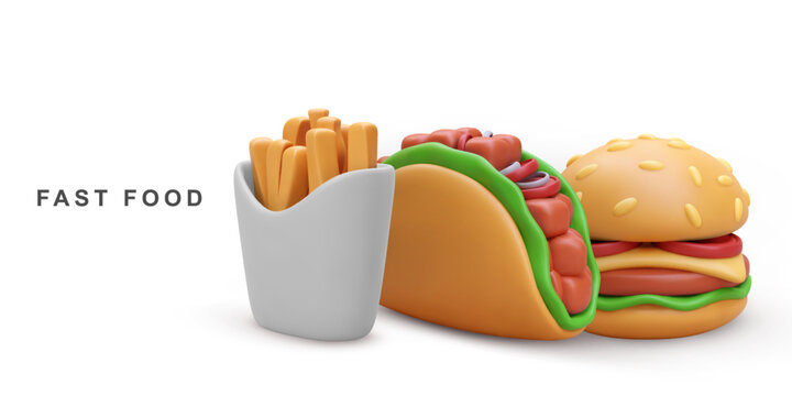 3d realistic Hamburger, French fries and Taco. Vector illustration.
